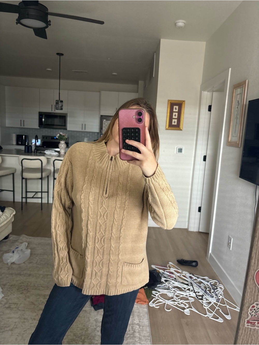 Northcrest Camel Cable-Knit Half-Zip Sweater